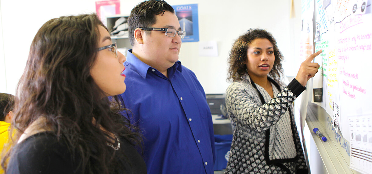 Three FHTC Business Technology students discussing at a whiteboard.